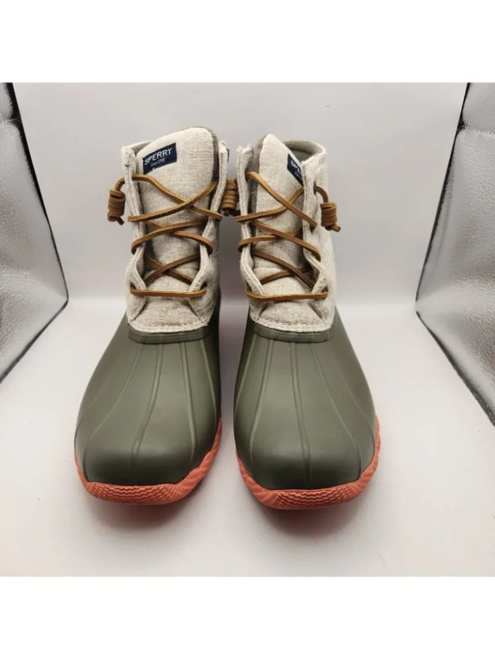 Sperry Topsider Saltwater Duck Boot Winter Shoe Rain Gray & Olive Green Side Zip